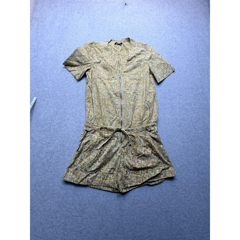 Unis Womens Cotton Short Sleeve Zip Front Romper Tan Abstract Print Size 4